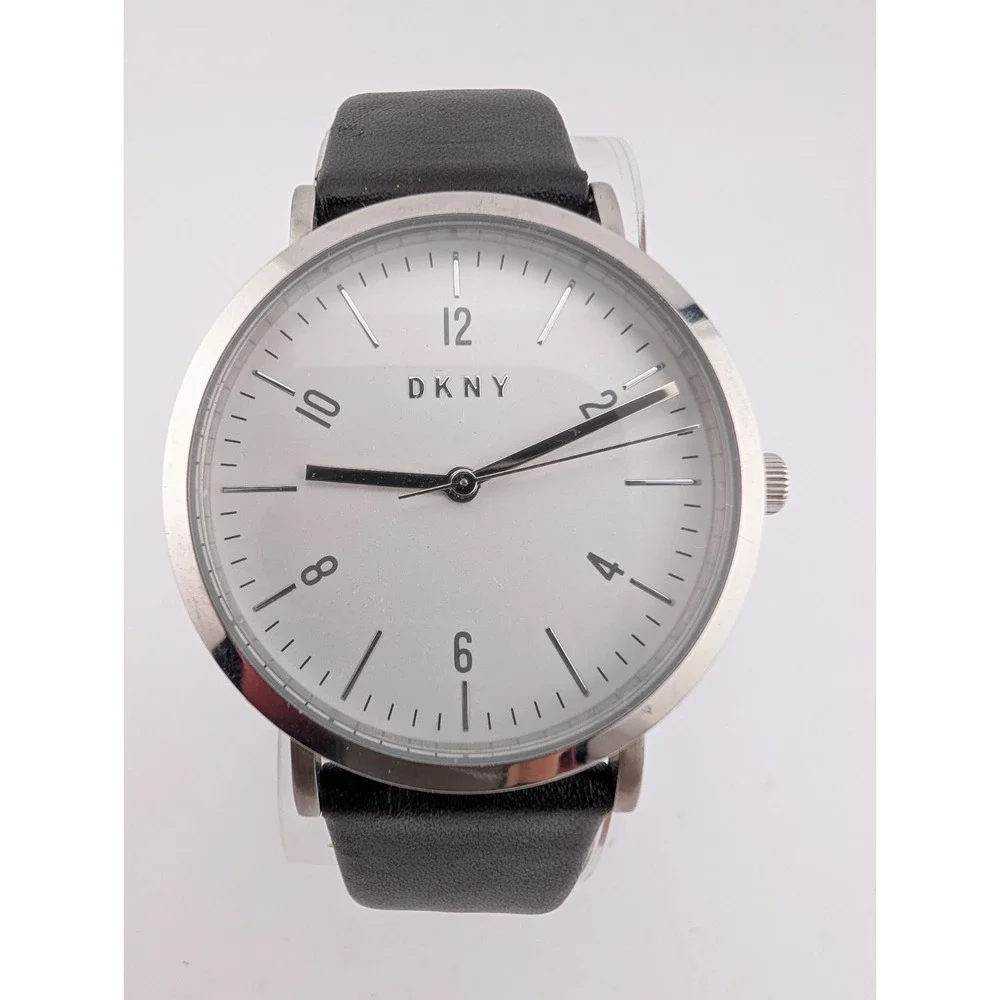 DKNY Watch Women 36mm Silver Case Black Leather Band- New Battery